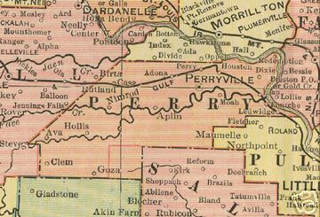 Early map of Perry County, Arkansas including Perryville, Adona, Casa, Alpin, Dixie, Houston, Hollis, Nimrod 